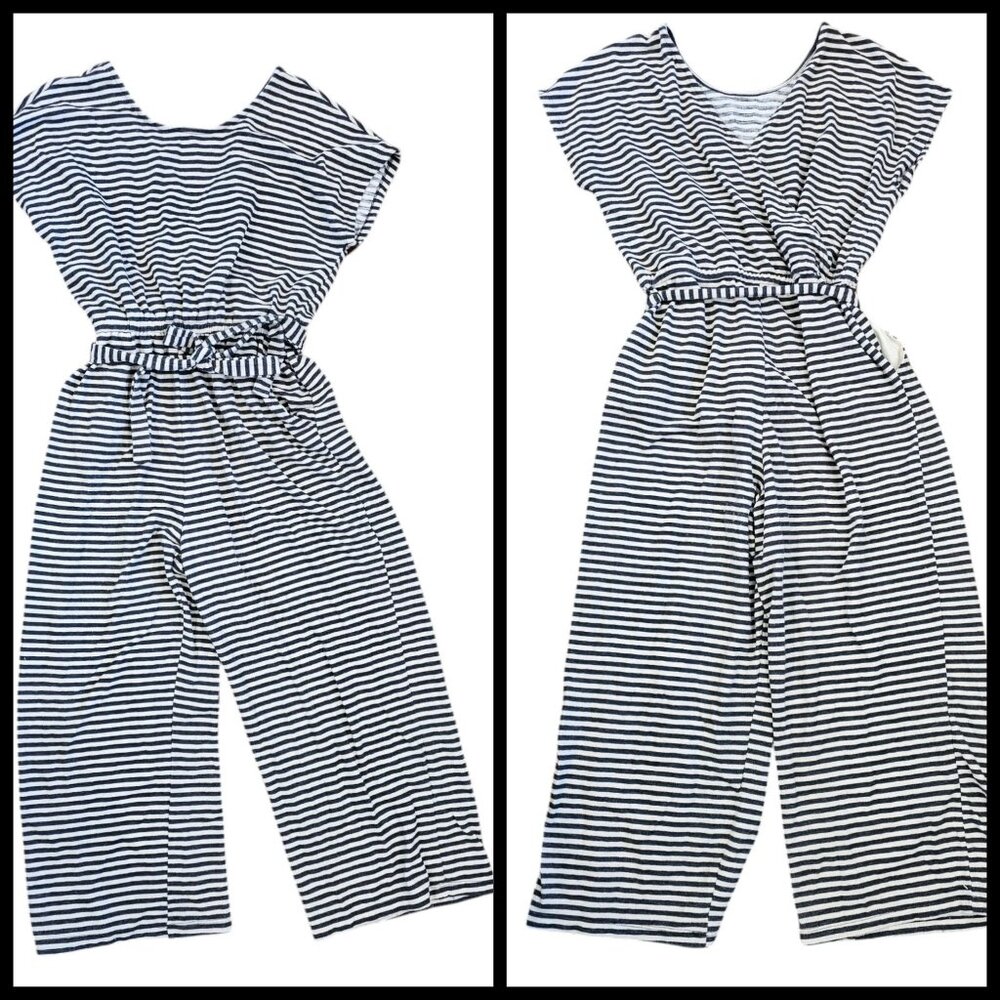 Old Navy Womens Size Large Knit Jumpsuit Belted Striped Pockets Wide Leg‎ Gray